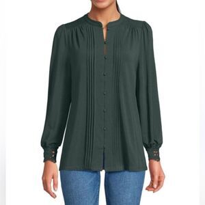 Land’s End Pine Green Jersey Long Lace Sleeve Soft Blouse Tee